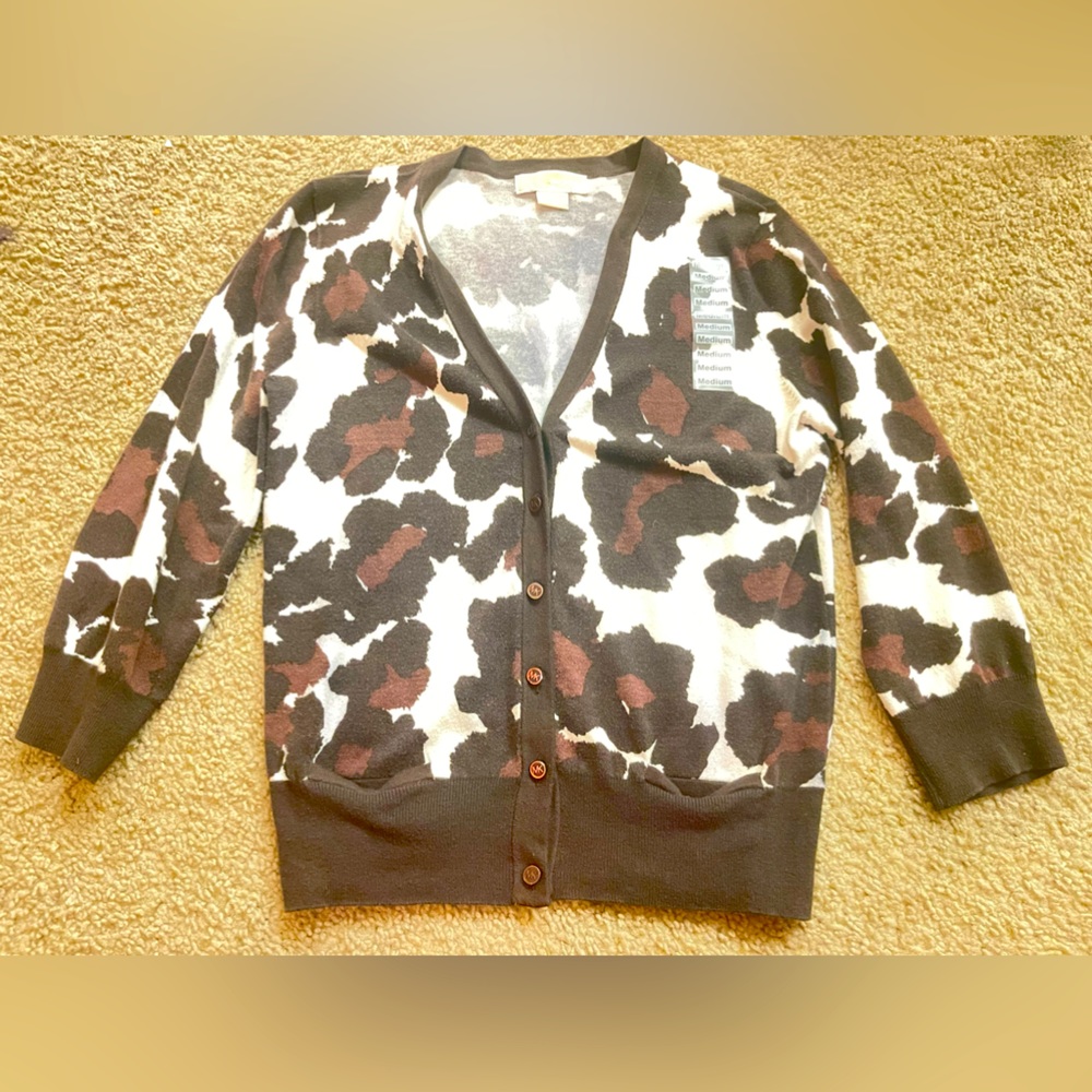 NWOT Michael Kors MK Brown/White Animal Print Cardigan Button Up Sweater Size M